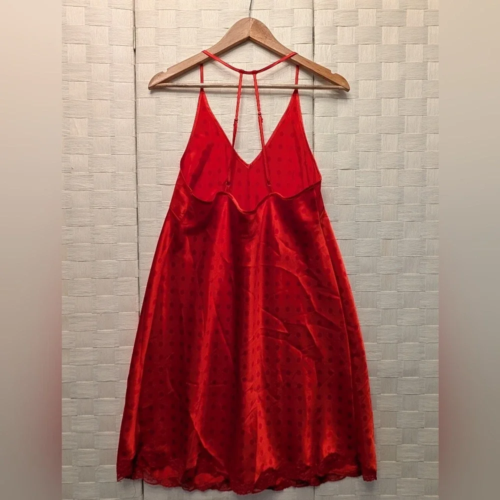Cacique Red Polka Dot Satin‎ Chemise Lace Trim Caged Back Nightgown 14/16